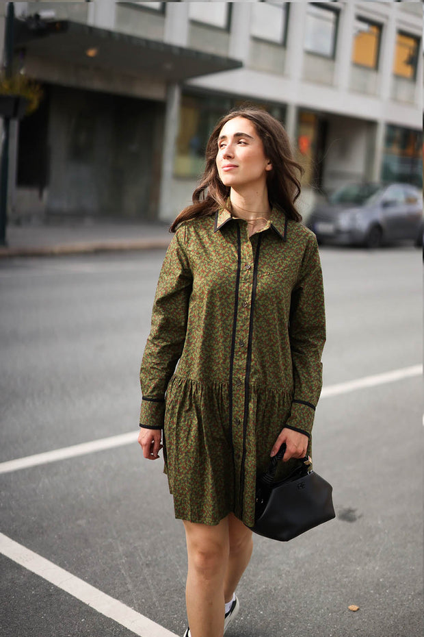 Printed Cotton Mini Shirt Dress - Avocado