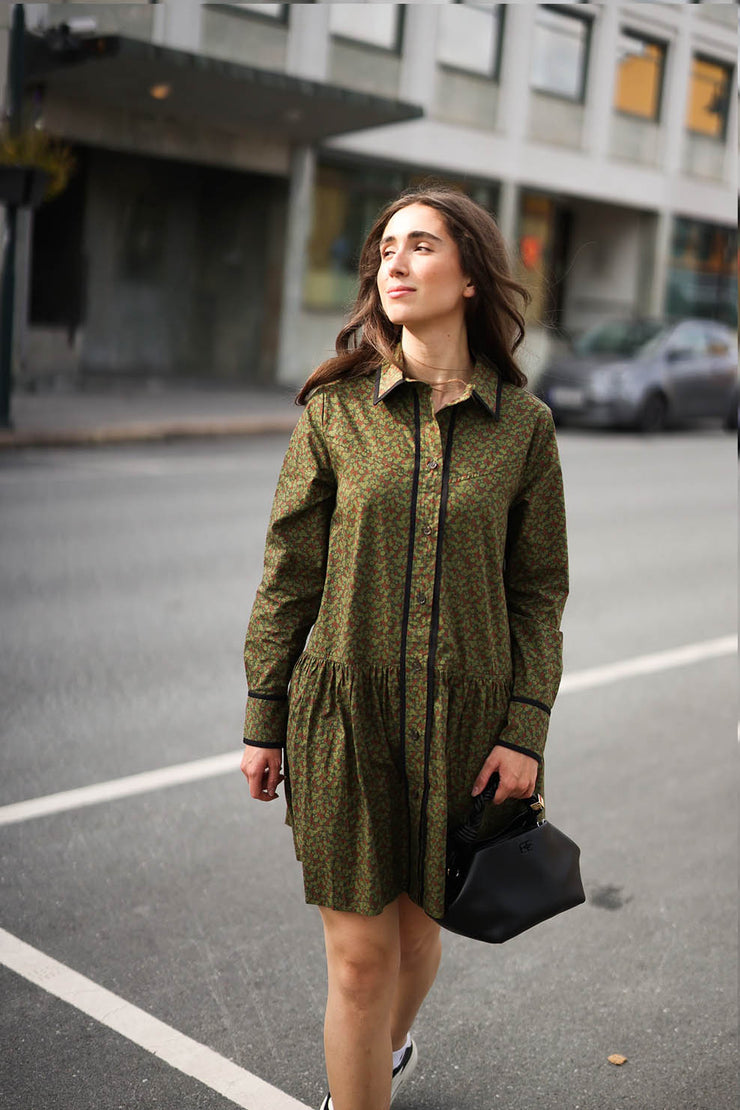 Printed Cotton Mini Shirt Dress - Avocado