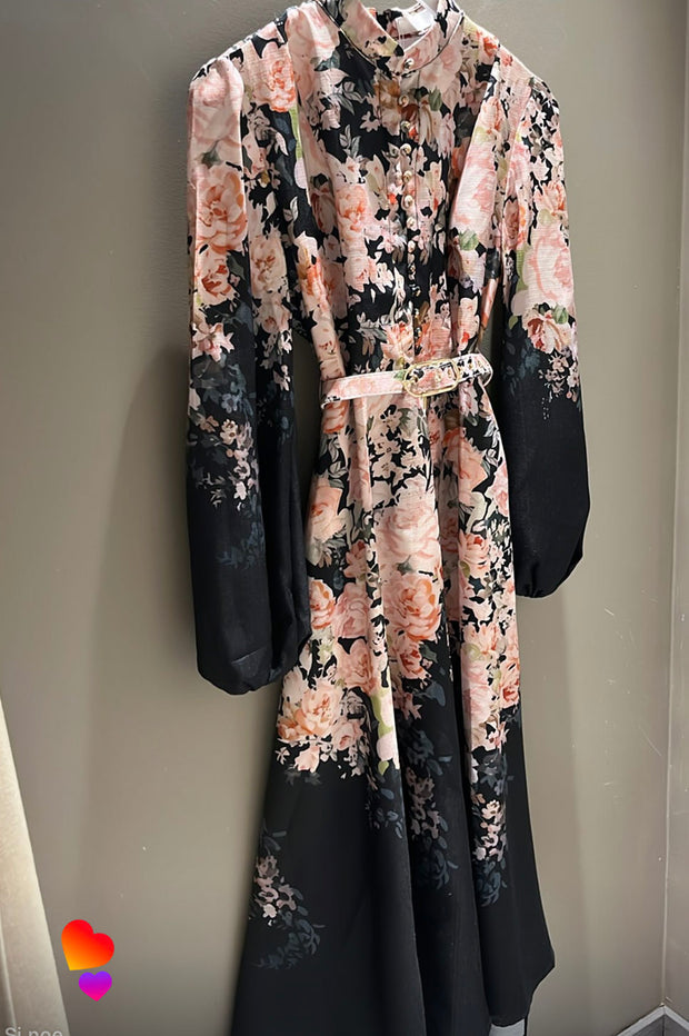 Long Dress with Digital Print - Black