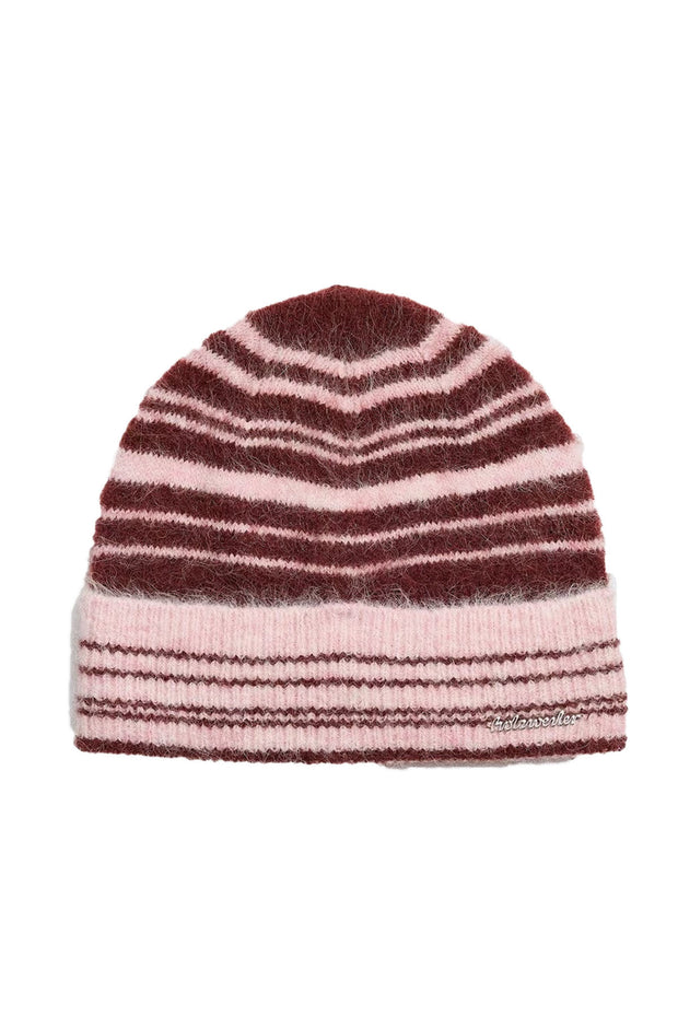 Fluffy Stripe Beanie - Burgundy Stripe
