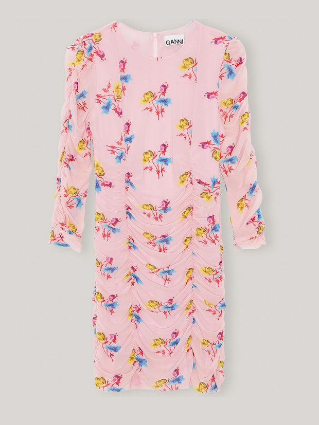 Printed Mesh Panel Mini Dress