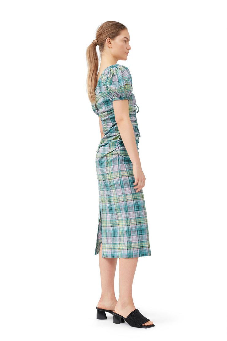 Seersucker Check Gathered U-Neck Midi Dress - Lagoon