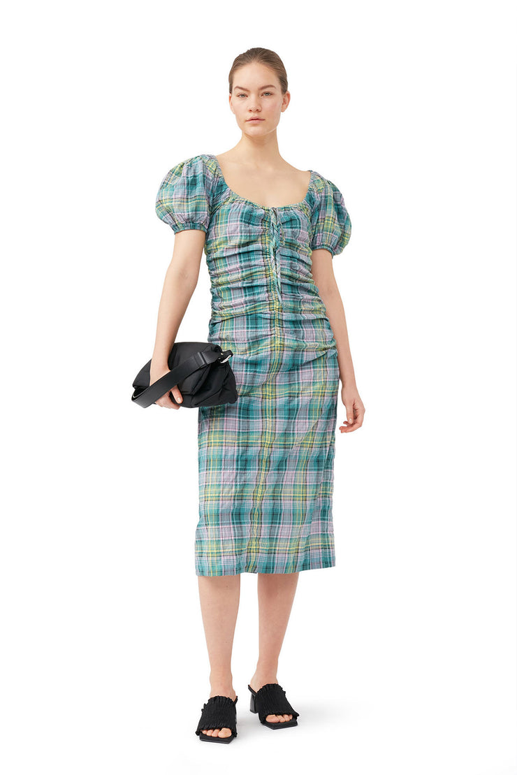 Seersucker Check Gathered U-Neck Midi Dress - Lagoon