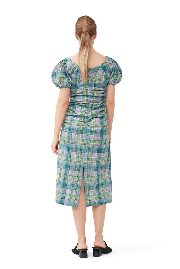 Seersucker Check Gathered U-Neck Midi Dress - Lagoon