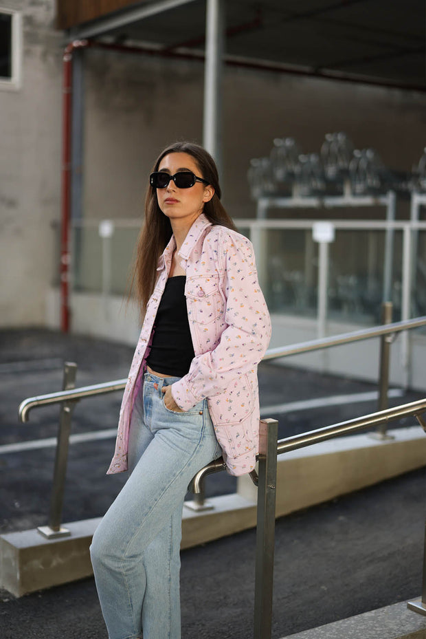 Print Denim Oversized Jacket - Pink Tulle