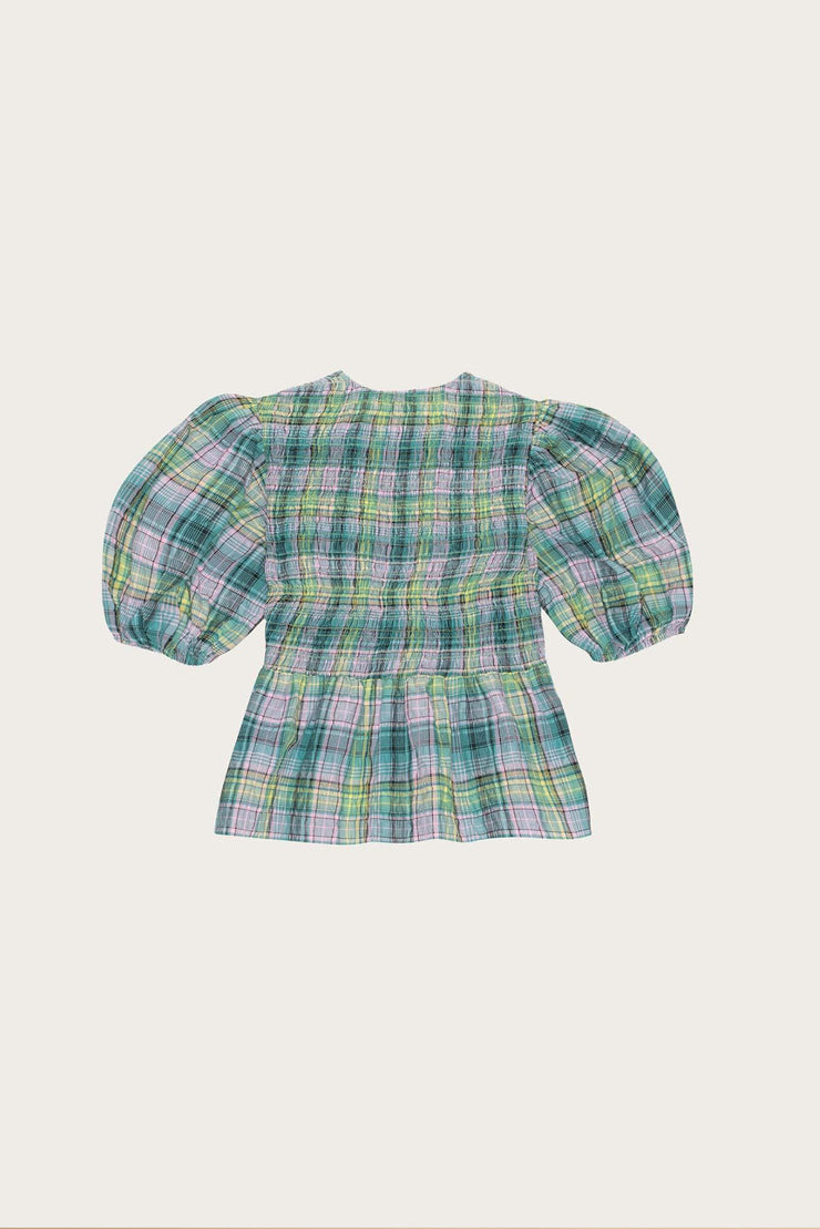 Seersucker Check Smock Blouse - Lagoon