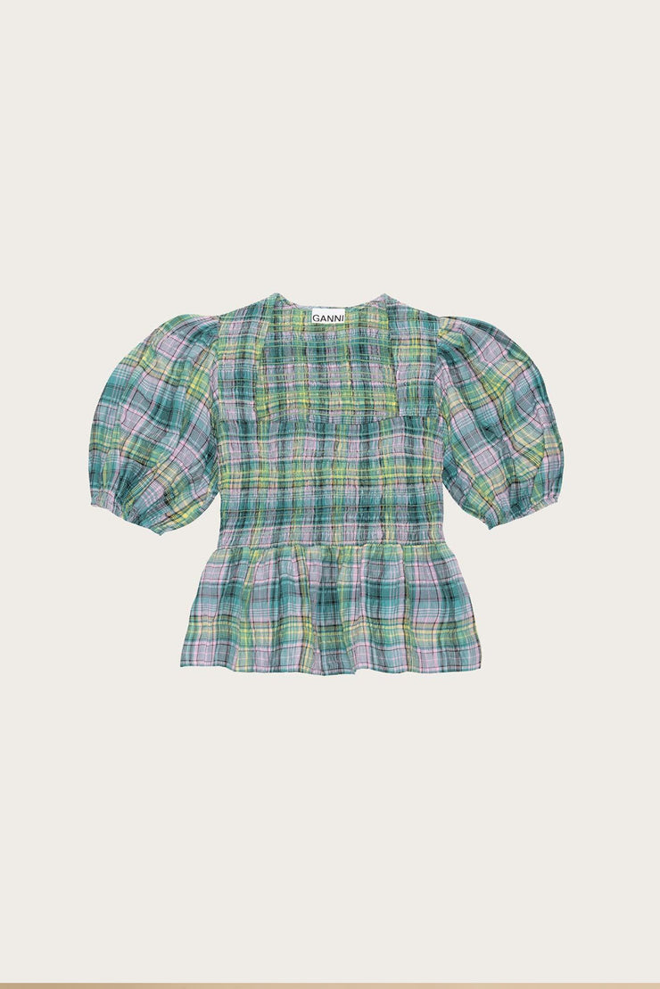 Seersucker Check Smock Blouse - Lagoon