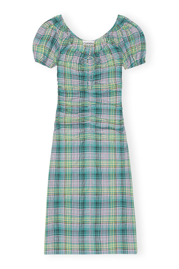 Seersucker Check Gathered U-Neck Midi Dress - Lagoon